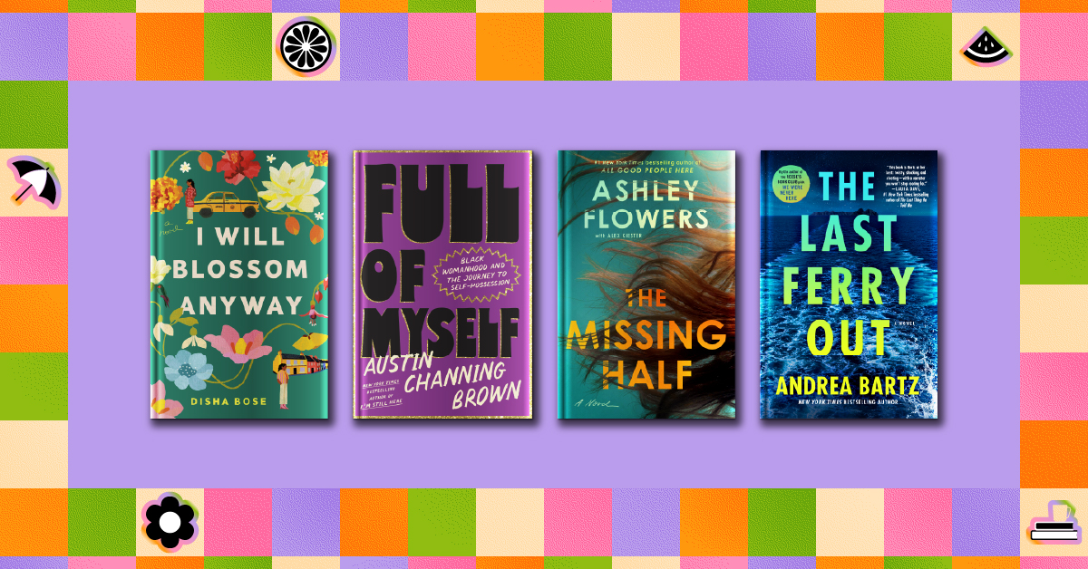 four book covers; I Will Blossom Anyway, Full of Myself, The Missing Half, The Last Ferry Out, against a multicolored background